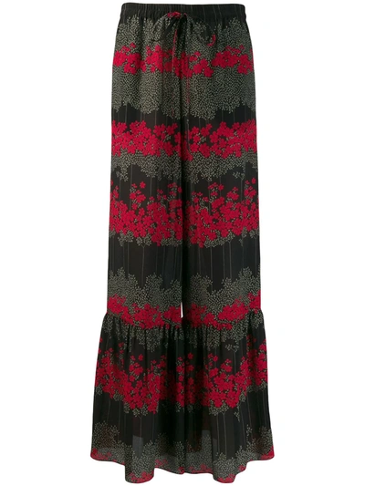 Red Valentino Floral-print Silk-georgette Flared Pants In Black