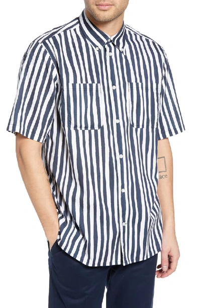Wesc Nima Uneven Stripe Woven Shirt In Navy Blazer