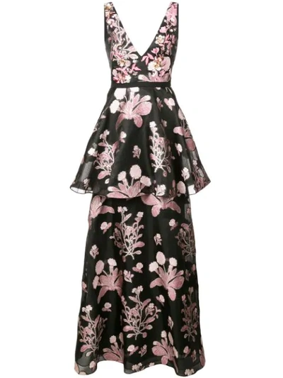 Marchesa Notte Embellished Floral Sleeveless Gown In Black