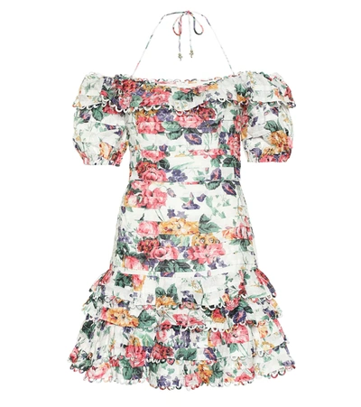 Zimmermann Ruffled Floral Print Linen Dress In White Floral