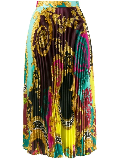 Versace Colorblock Mixed Print Pleated Midi Skirt In Multicolour
