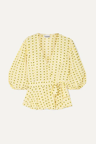 Ganni Printed Crepe Wrap Top In Maize In Yellow