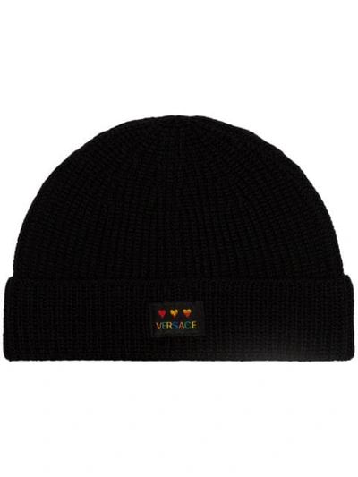 Versace Logo Patch Beanie In Black