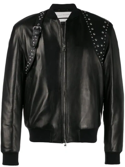 Alexander Mcqueen Studded Harness Leather Bomber Jacket In Black