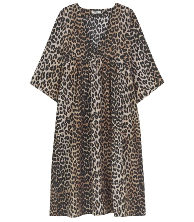 Ganni Leopard Print Oversize Cotton & Silk Midi Dress | ModeSens