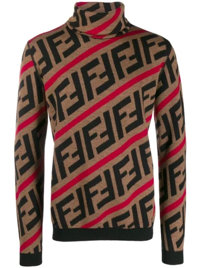 Fendi Ff-intarsia Roll-neck Wool Sweater In Brown