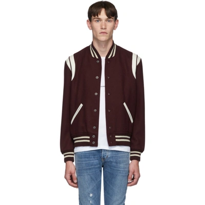 Saint Laurent Burgundy Wool Teddy Bomber Jacket In Red,white