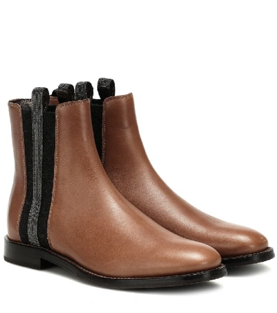 Brunello Cucinelli Embellished Leather Chelsea Boots In Brown