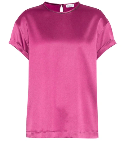 Brunello Cucinelli Stretch Silk-satin T-shirt In Pink