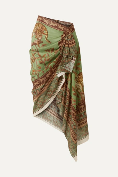 Johanna Ortiz Sheer Magnitude Wrap-effect Ruffled Printed Cotton-voile Midi Skirt In Light Green