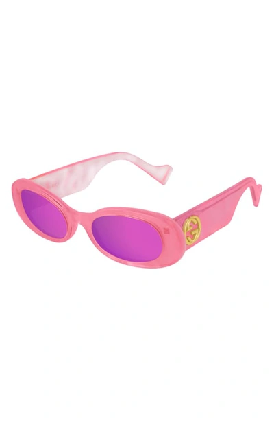 Gucci Mirrored Oval Sunglasses W/ Interlocking G Temples In Fluorescent Pink Acetate