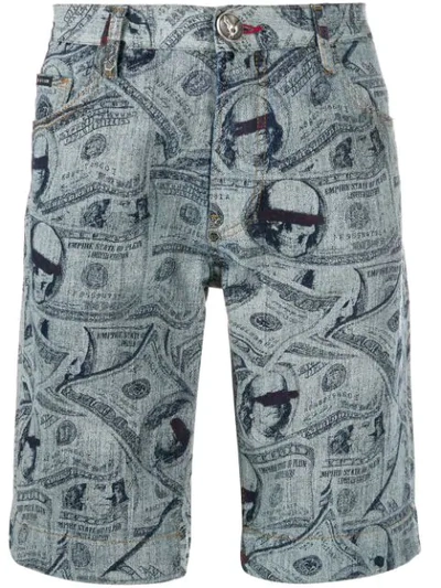 Philipp Plein Dollar Print Denim Shorts In Blue