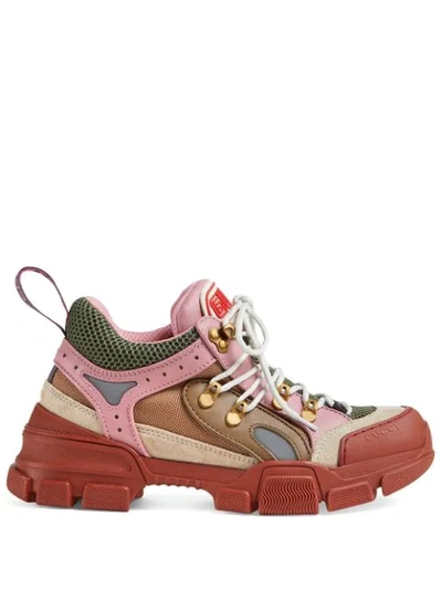 Gucci Flashtrek Logo-embossed Leather, Suede And Mesh Sneakers In Bordeaux, Khaki, Light Grey, Pale Pink