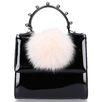 Les Petit Joueurs Women Handbag Mini Alex Bunny Patent Leather Pompom Black