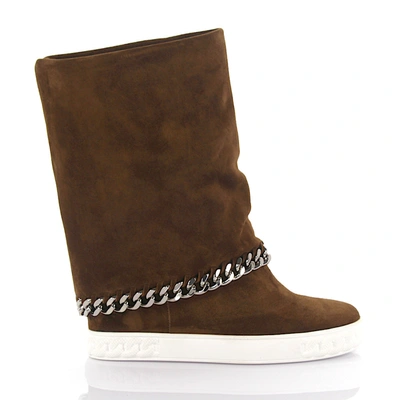 Casadei Ankle Boots Suede Decorative Chain Brown