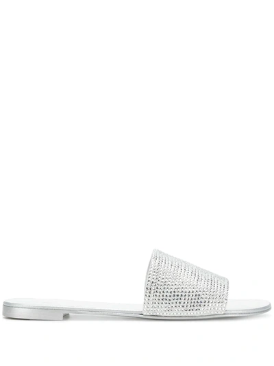 Giuseppe Zanotti Adelia Flat Swarovski Crystal Suede Sandals In Silver
