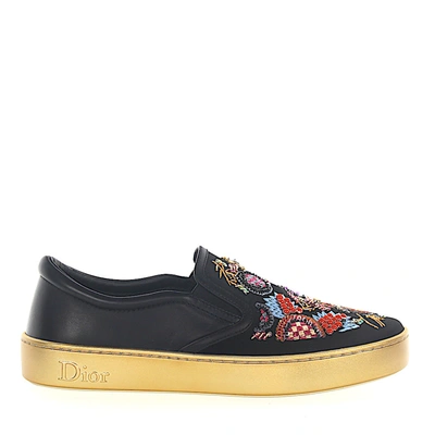 Dior Sneakers Slip On Happy Leather Satin Black Embroidery Sequins Gold In Black gold ModeSens