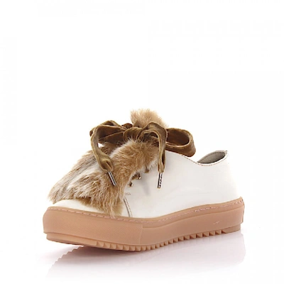 Agl Attilio Giusti Leombruni Sneakers D930006 Leather White Rabbit Fur Velvet Laces Lamb Fur In Beige
