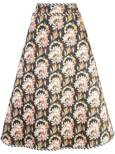 Oscar De La Renta Floral-print Silk-faille Midi Skirt In Black