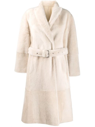 Brunello Cucinelli Belted Lamb Shearling Velour Coat In Neutral