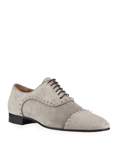 Christian Louboutin Men's Eton Spiked Suede Oxford Shoes In Gray