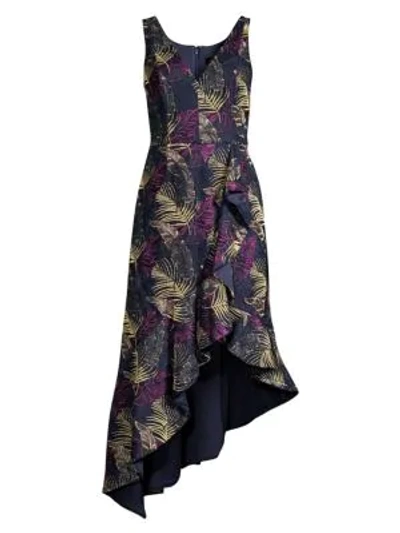 Aidan Mattox Printed V-neck Sleeveless Asymmetric High-low Dress In Navy