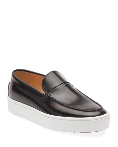 Christian Louboutin Men's Paque Boat Leather Slip-on Sneakers In Black