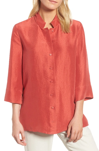 Eileen Fisher Silk Georgette Crepe Stand Collar Shirt In Coral Rose
