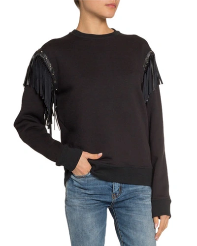 Saint Laurent Crewneck Long-sleeve Sweatshirt With Leather Fringe Detail In Black