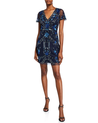 Aidan Mattox Beaded V-neck Short-sleeve Cocktail Dress In Twilight