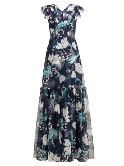 Erdem Franceline Leighton-print Ruffled Silk Gown In Navy Teal