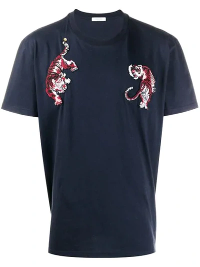 Valentino Tiger-embroidered Cotton-jersey T-shirt In 598  Blue