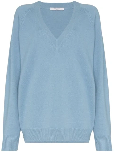 Givenchy Cashmere-wool V-neck Side Zip Sweater In Skyblue