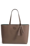 Tory Burch Mcgraw Leather Laptop Tote In Silver Maple/ Malachite