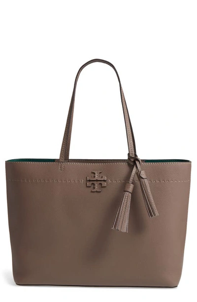 Tory Burch Mcgraw Leather Laptop Tote In Silver Maple/ Malachite