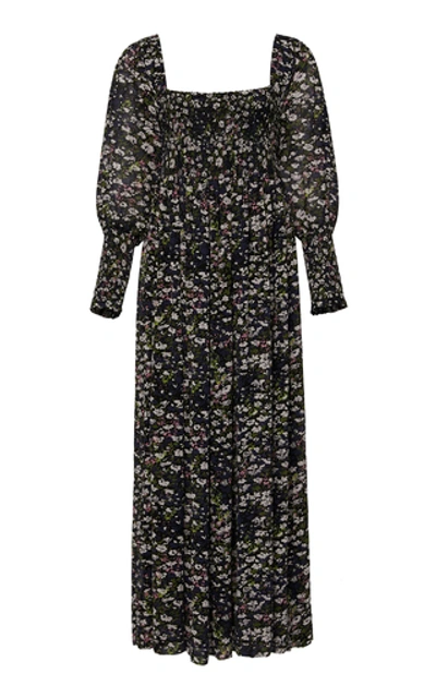 Ganni Floral Print Long Sleeve Georgette Maxi Dress In Black