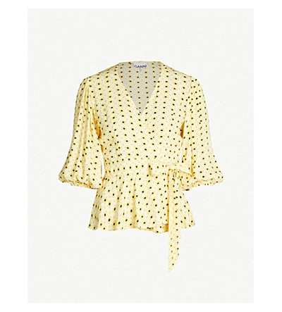 Ganni Floral Print Crepe Wrap Top In Maize