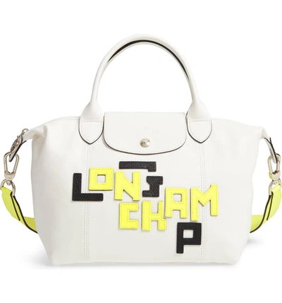Longchamp Small Le Pliage Logo Leather Tote In White