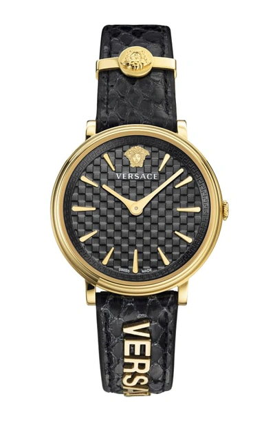 Versace V Circle Logo Snakeskin Leather Strap Watch, 38mm In Black/ Gold