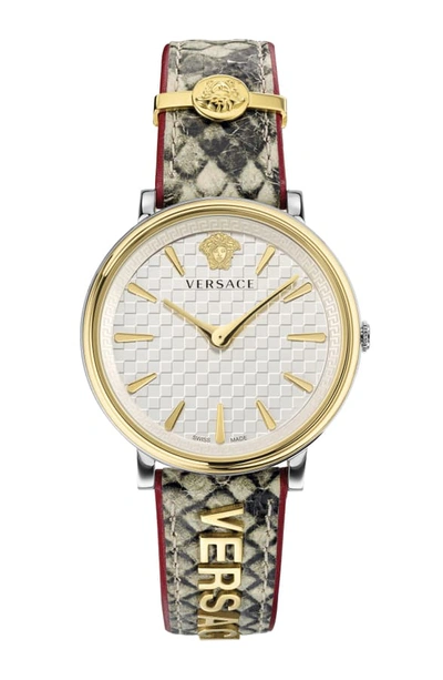 Versace V Circle Logo Snakeskin Leather Strap Watch, 38mm In Snake/ Red/ Gold