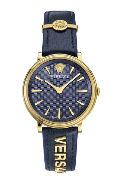 Versace V Circle Logo Snakeskin Leather Strap Watch, 38mm In Blue/ Gold