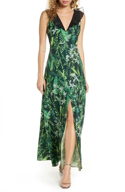 Foxiedox Print Ruffle V-neck Evening Gown In Green Multi