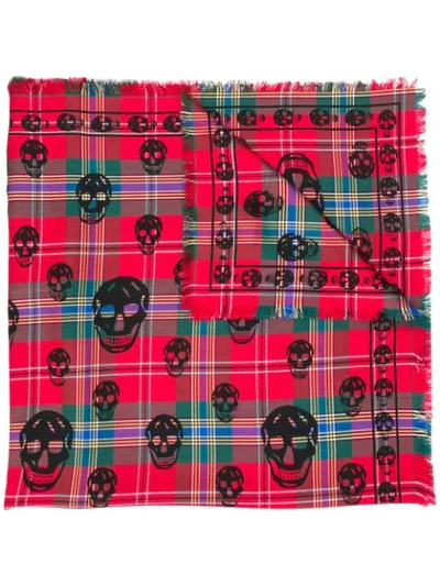 Alexander Mcqueen Skull Printed Silk & Wool Tartan Scarf In Red/dark Green