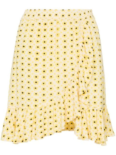 Ganni Printed Crepe Mini Skirt W/ Ruffle Trim In Yellow