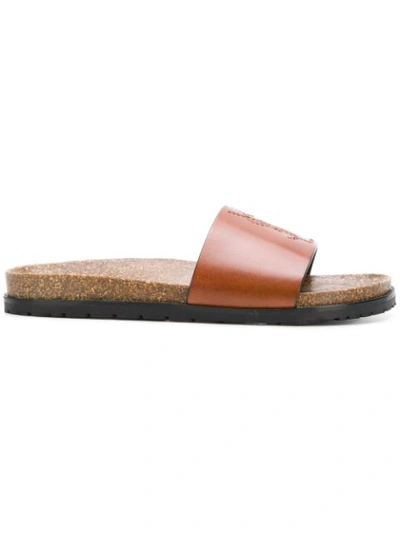 Saint Laurent Jimmy Logo-embroidered Leather Slides In Caramel