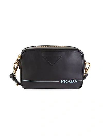 Prada Mini Mirage Camera Bag In Black,light Blue