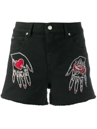 Red Valentino Red(v) Hand Embroidered Denim Shorts In Black
