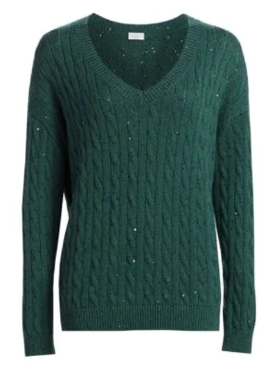 Brunello Cucinelli Cashmere & Silk Paillette Cable Knit Sweater In Ivy