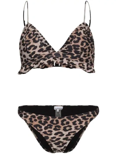 Ganni Ruffled Leopard Print Bikini In Brown