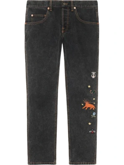 Gucci Embroidered Motif Slim-fit Jeans In Black